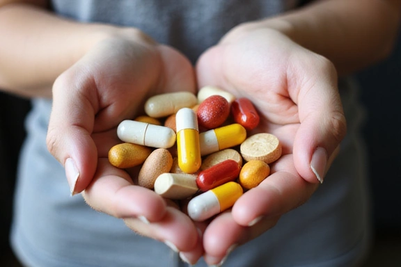 Una mano che tiene una manciata di integratori alimentari colorati in capsule e compresse.