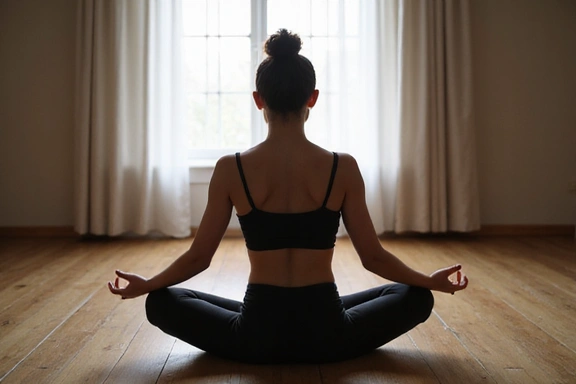 Una persona che medita in una posizione di loto, con le mani sulle ginocchia, in un ambiente sereno.