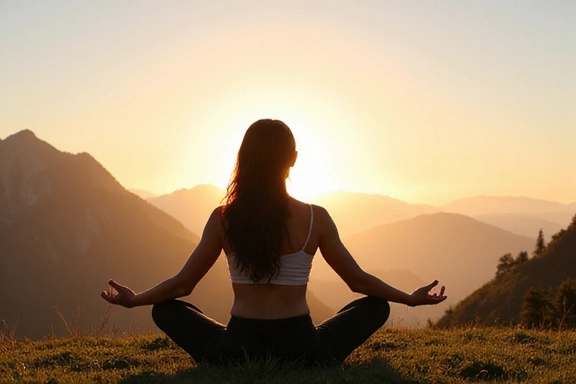 Una persona che fa yoga all'aperto, con un paesaggio naturale e montuoso sullo sfondo, al tramonto.