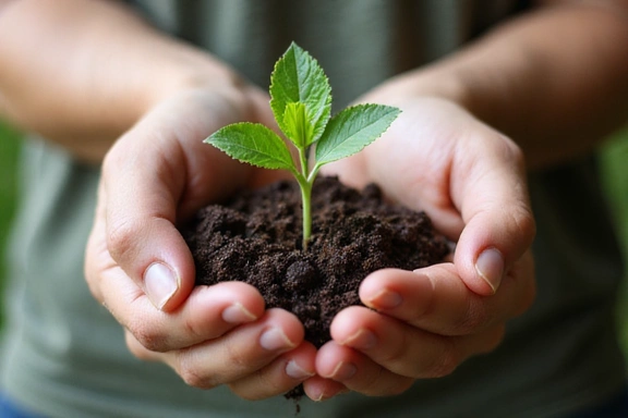Mani che tengono una pianta giovane, simbolo di crescita e nutrizione
