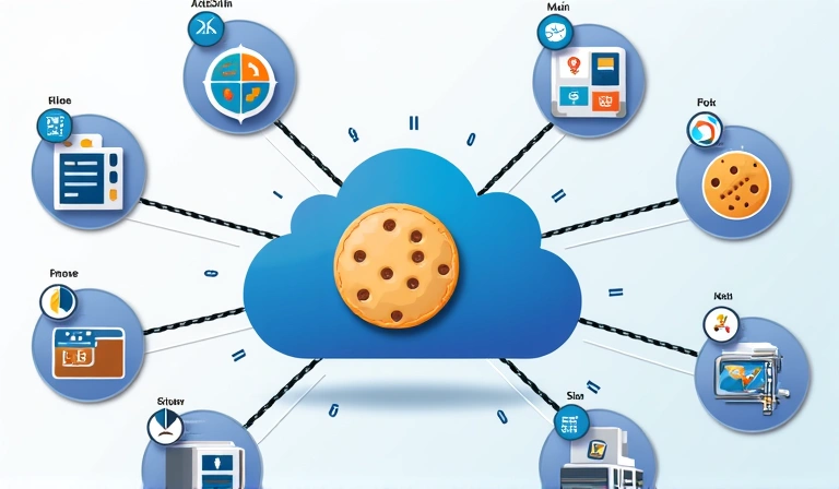 Rappresentazione visiva di vari tipi di cookie che interagiscono con un browser web e un server, con icone che simboleggiano diverse funzioni come sicurezza, analisi e pubblicità.