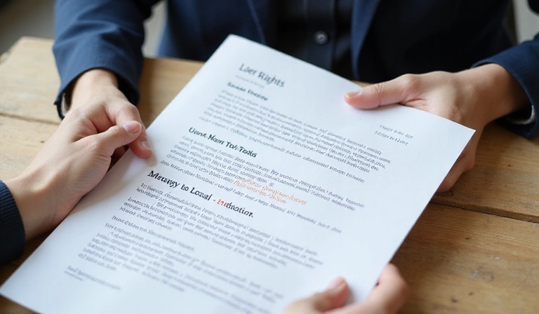 Una persona che legge un documento legale con un simbolo di privacy, evidenziando i diritti dell'utente.