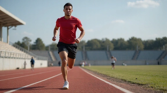 Atleta che corre su una pista, simboleggiando energia e performance