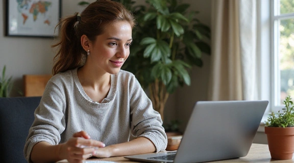 Donna che fa una videochiamata con il suo nutrizionista dal comfort di casa