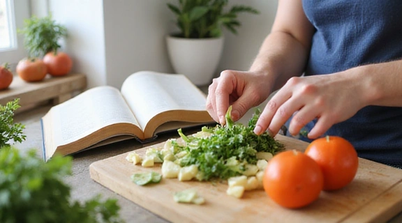 Mani che preparano un piatto sano seguendo una ricetta