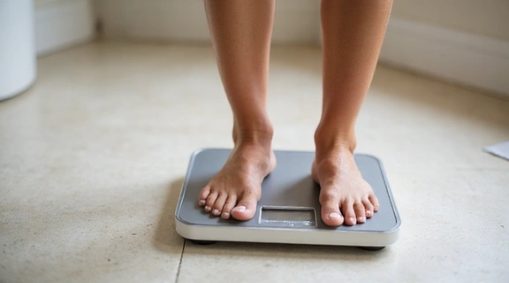 Persona che si pesa su una bilancia mentre sorride, simbolo di successo nella gestione del peso