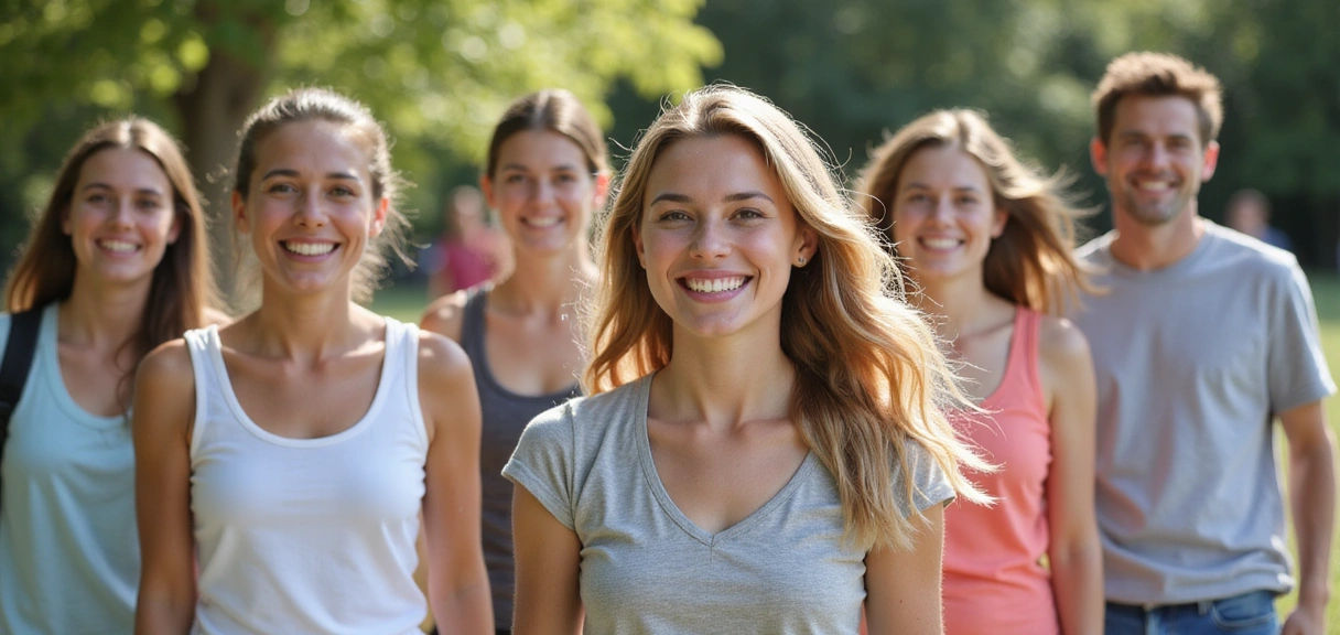 Un gruppo eterogeneo di persone felici e in salute che sorridono, praticando leggera attività fisica all'aperto.